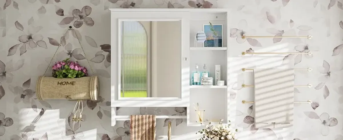 Wall Mounted Bathroom Storage Cabinet, Medicine Cabinets With Large Mirror Door, Adjustable Shelves And Three Open Storage Levels(Not Include Bathroom Vanity)