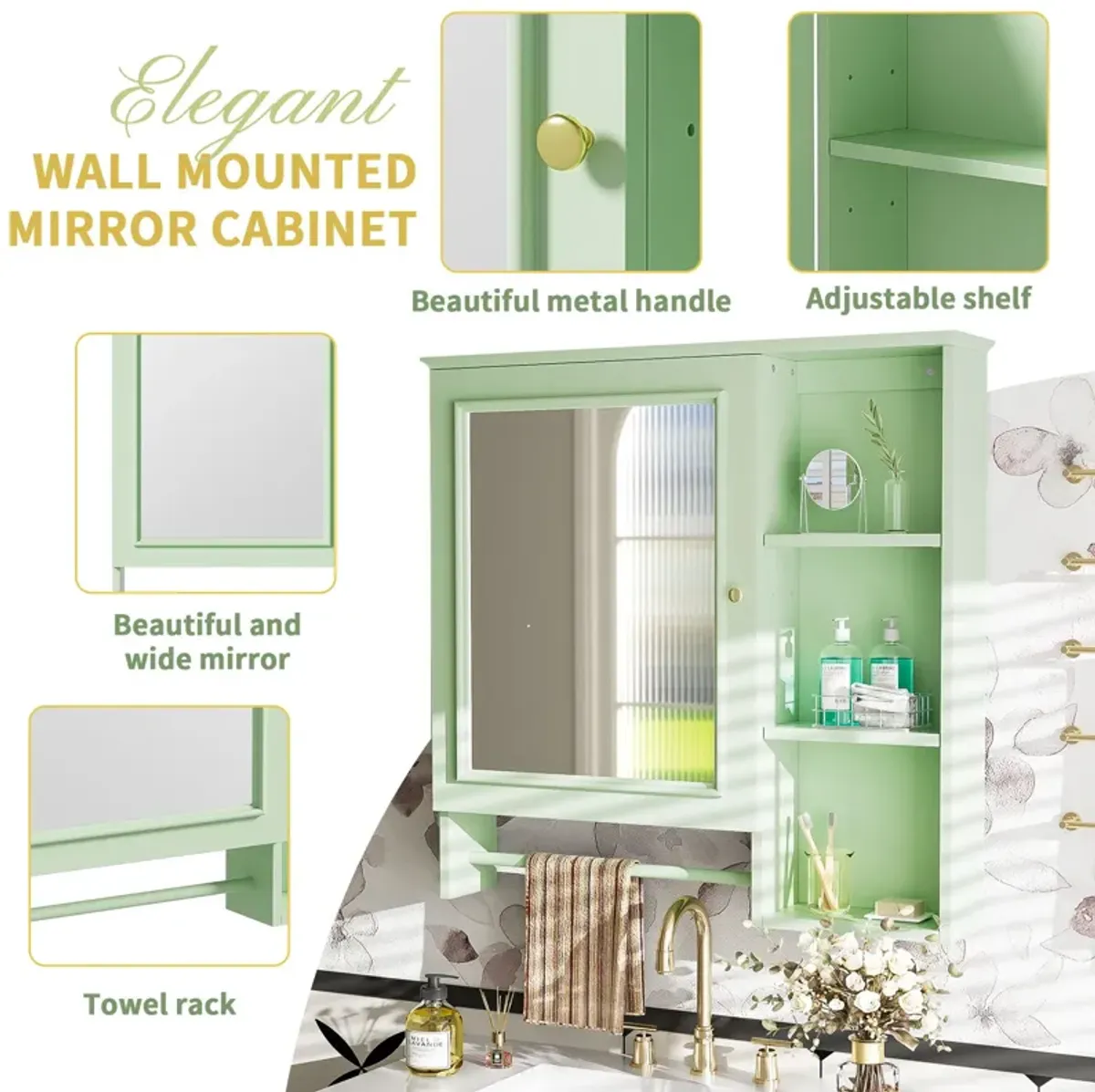 Wall Mounted Bathroom Storage Cabinet, Medicine Cabinets With Large Mirror Door, Adjustable Shelves And Three Open Storage Levels(Not Include Bathroom Vanity)