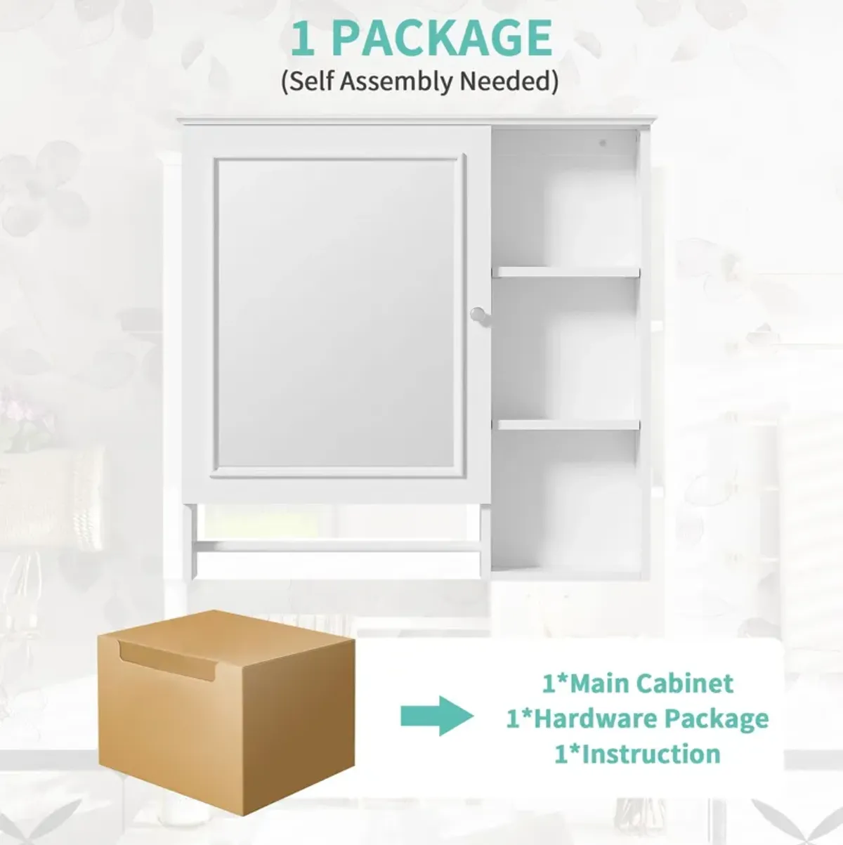 Wall Mounted Bathroom Storage Cabinet, Medicine Cabinets With Large Mirror Door, Adjustable Shelves And Three Open Storage Levels(Not Include Bathroom Vanity)