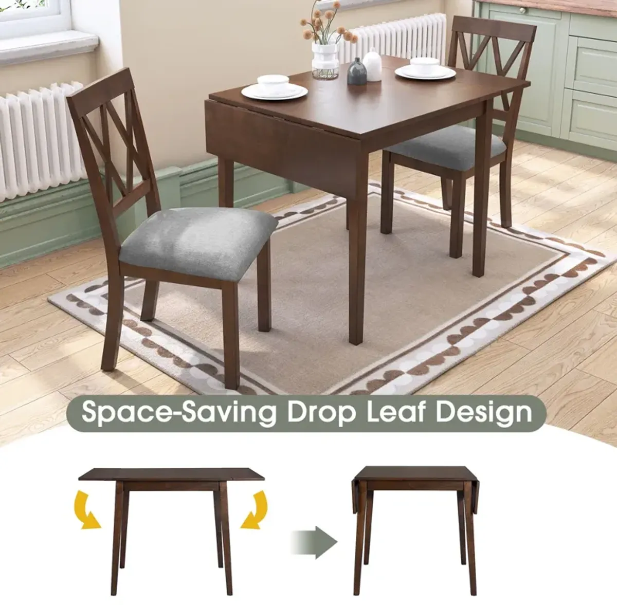 3 Piece Kitchen Dining Set With Drop Leaf Dining Table And 2 Dining Upholstered Chairs, Dining Room Set For Small Places - Brown