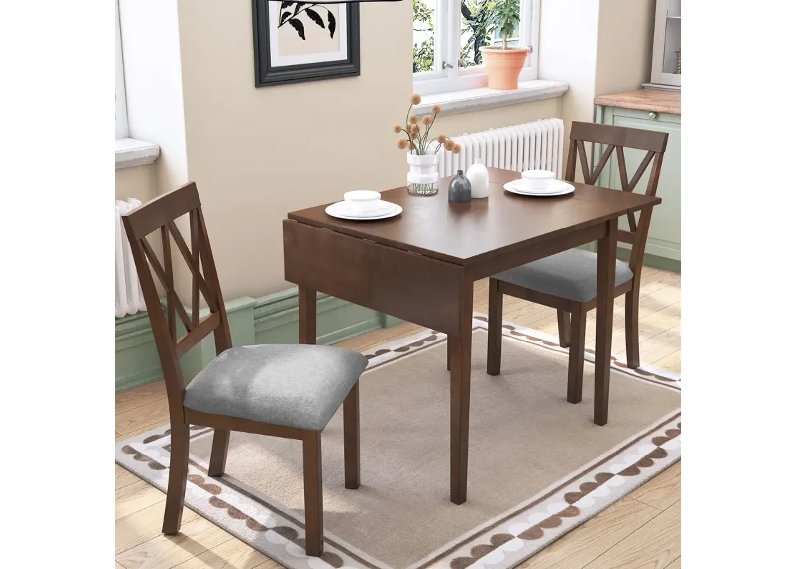 3 Piece Kitchen Dining Set With Drop Leaf Dining Table And 2 Dining Upholstered Chairs, Dining Room Set For Small Places - Brown