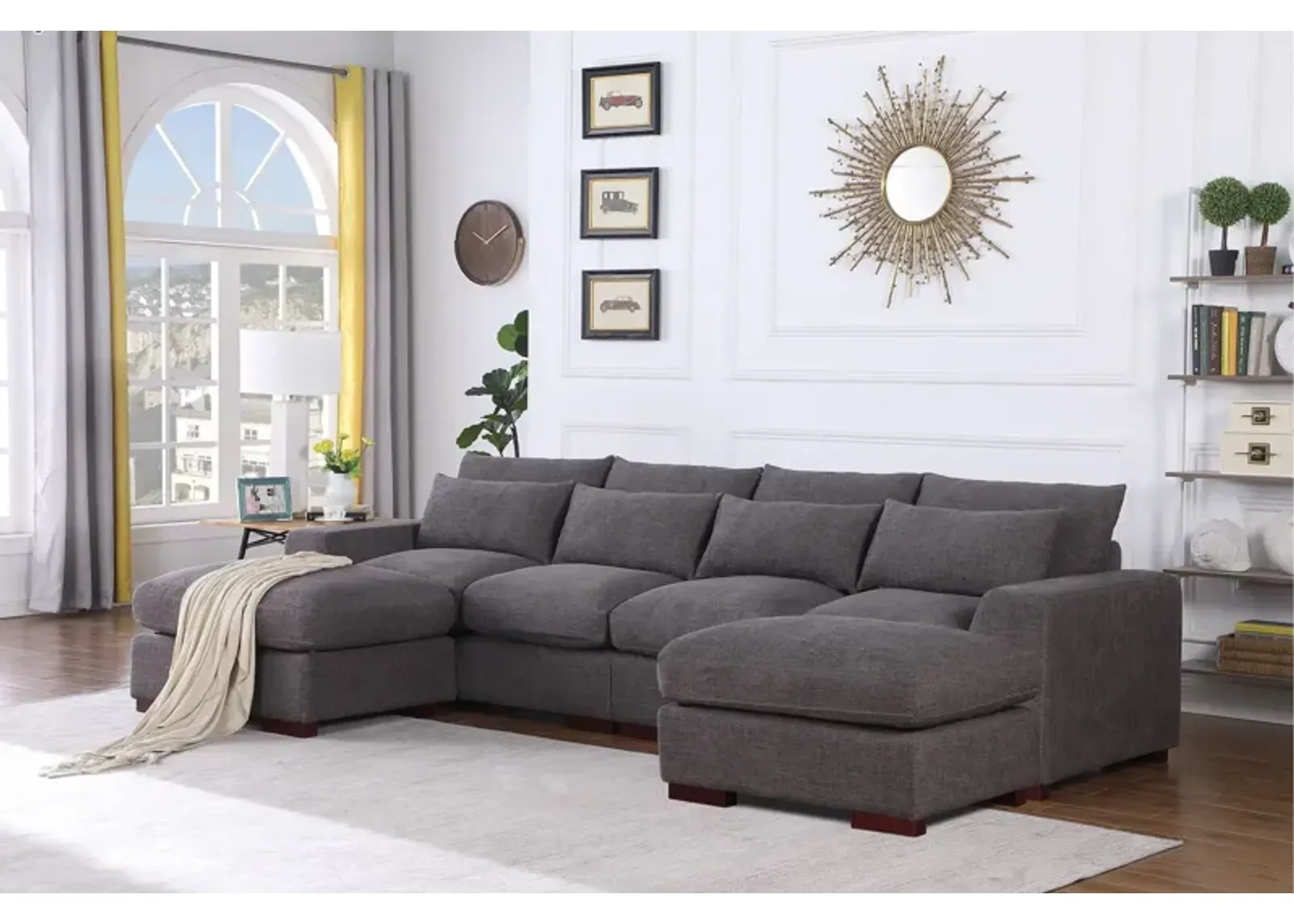 Tatman - Linen Blend Sectional With 2 Ottomans - Dark Gray