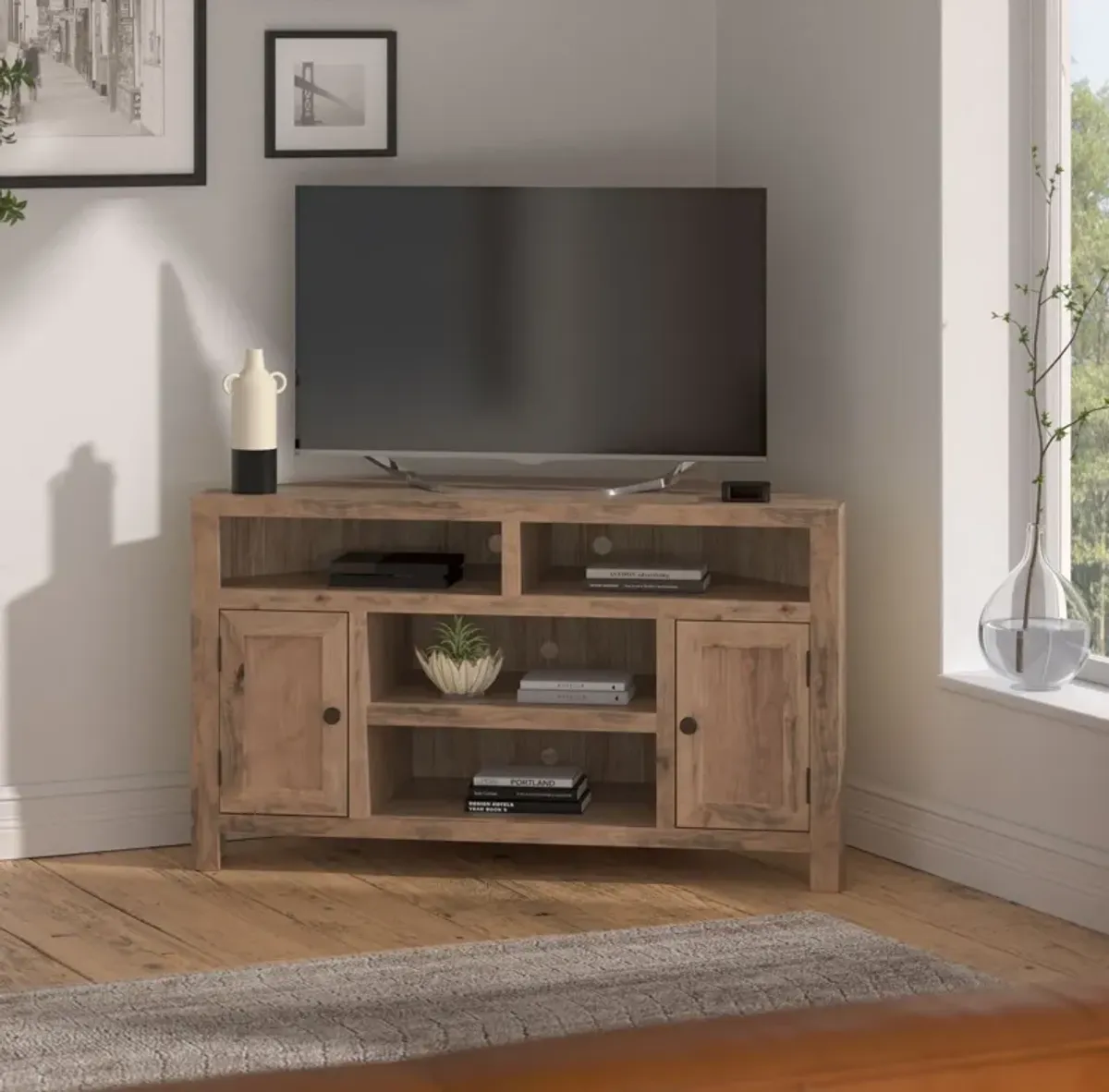 Joshua Creek - Corner TV Stand For TVs Up To - Barnwood