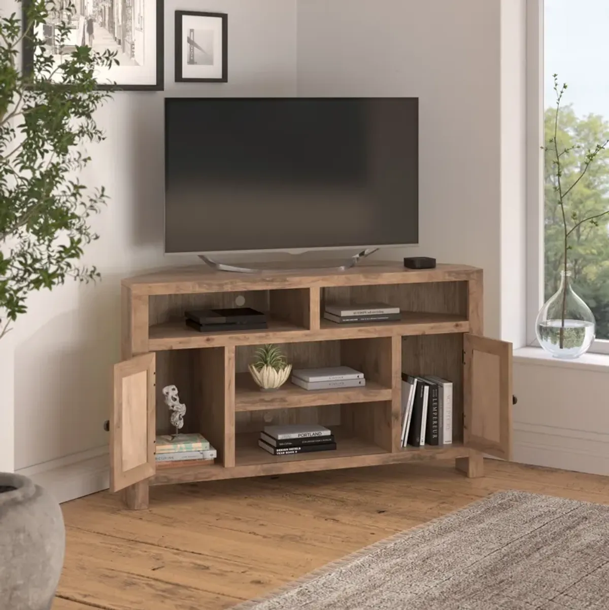 Joshua Creek - Corner TV Stand For TVs Up To - Barnwood