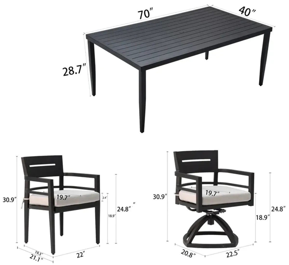 Outdoor Patio Aluminum Furniture, Modern Dining Set, Including 4 Swivel Rockers Sunbrella Cushioned And Square Dining Table With Umbrella Hole