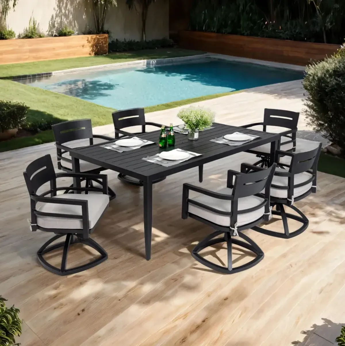 Outdoor Patio Aluminum Furniture, Modern Dining Set, Including 4 Swivel Rockers Sunbrella Cushioned And Square Dining Table With Umbrella Hole