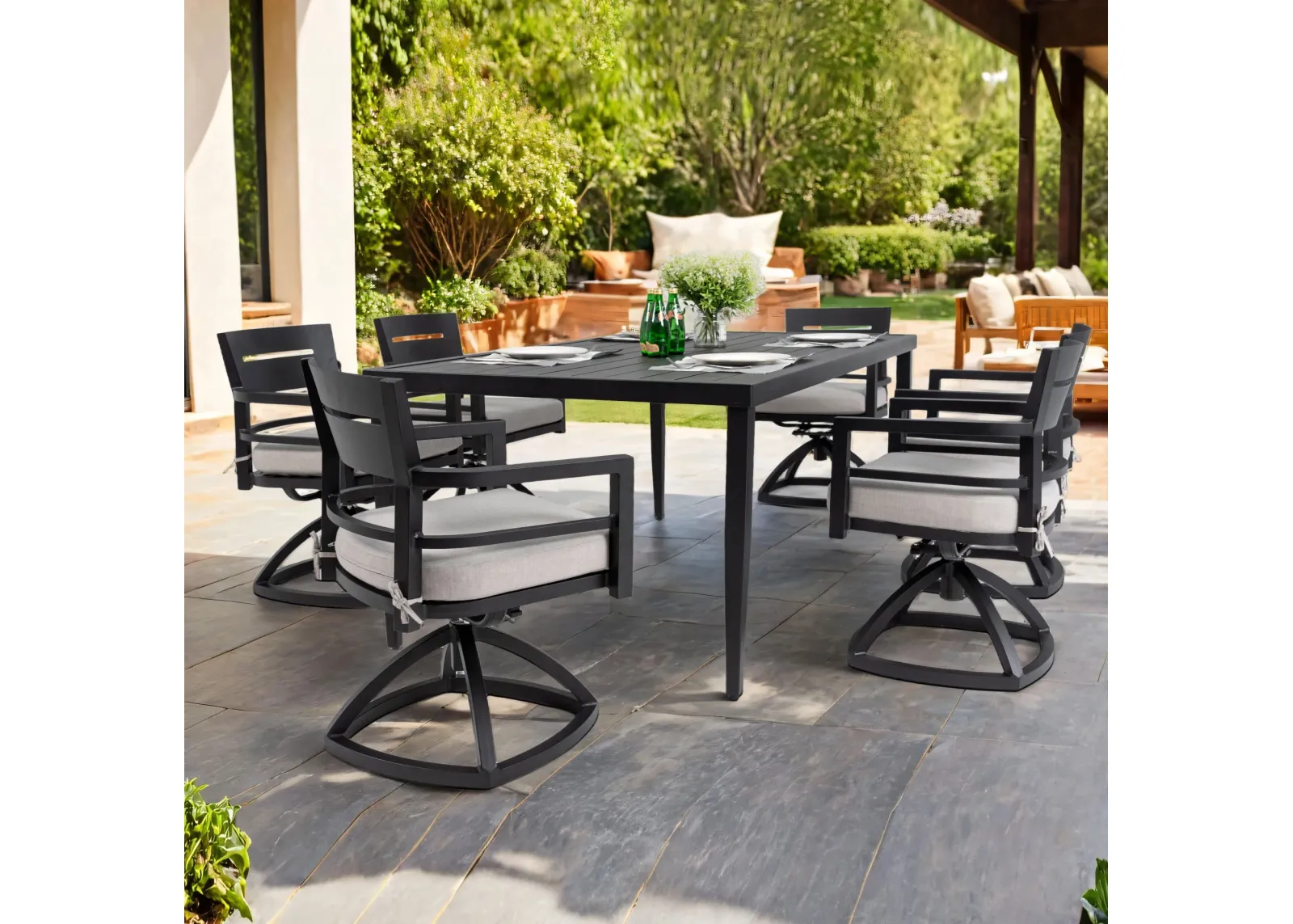 Outdoor Patio Aluminum Furniture, Modern Dining Set, Including 4 Swivel Rockers Sunbrella Cushioned And Square Dining Table With Umbrella Hole