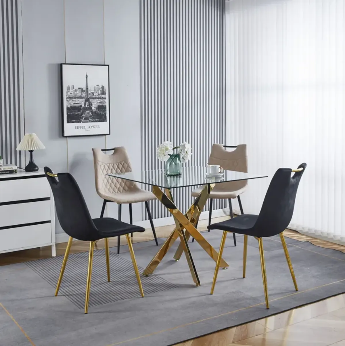 Dining Table With Cross Metal Leg And Tempered Glass, Modern Space Saving Kitchen Table For Living Room Legs, Square Table