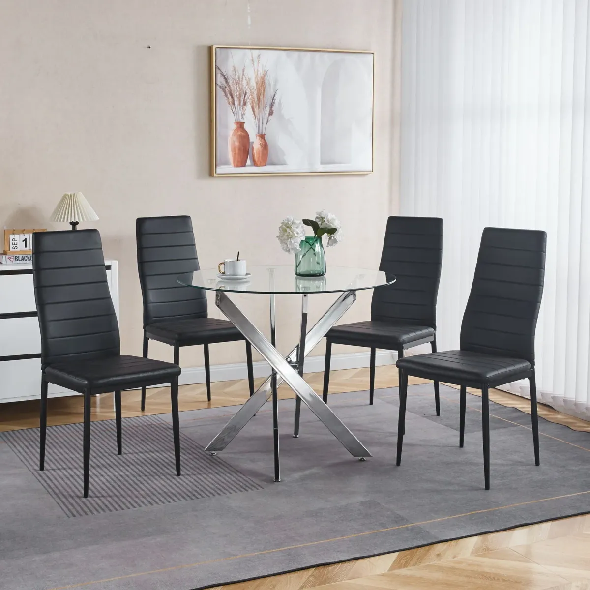 5 Pieces Dining Set, Table Metal Leg Mid-Century Dining Table For 4 - 6 People With Glass Table Top, Pedestal Dining Table