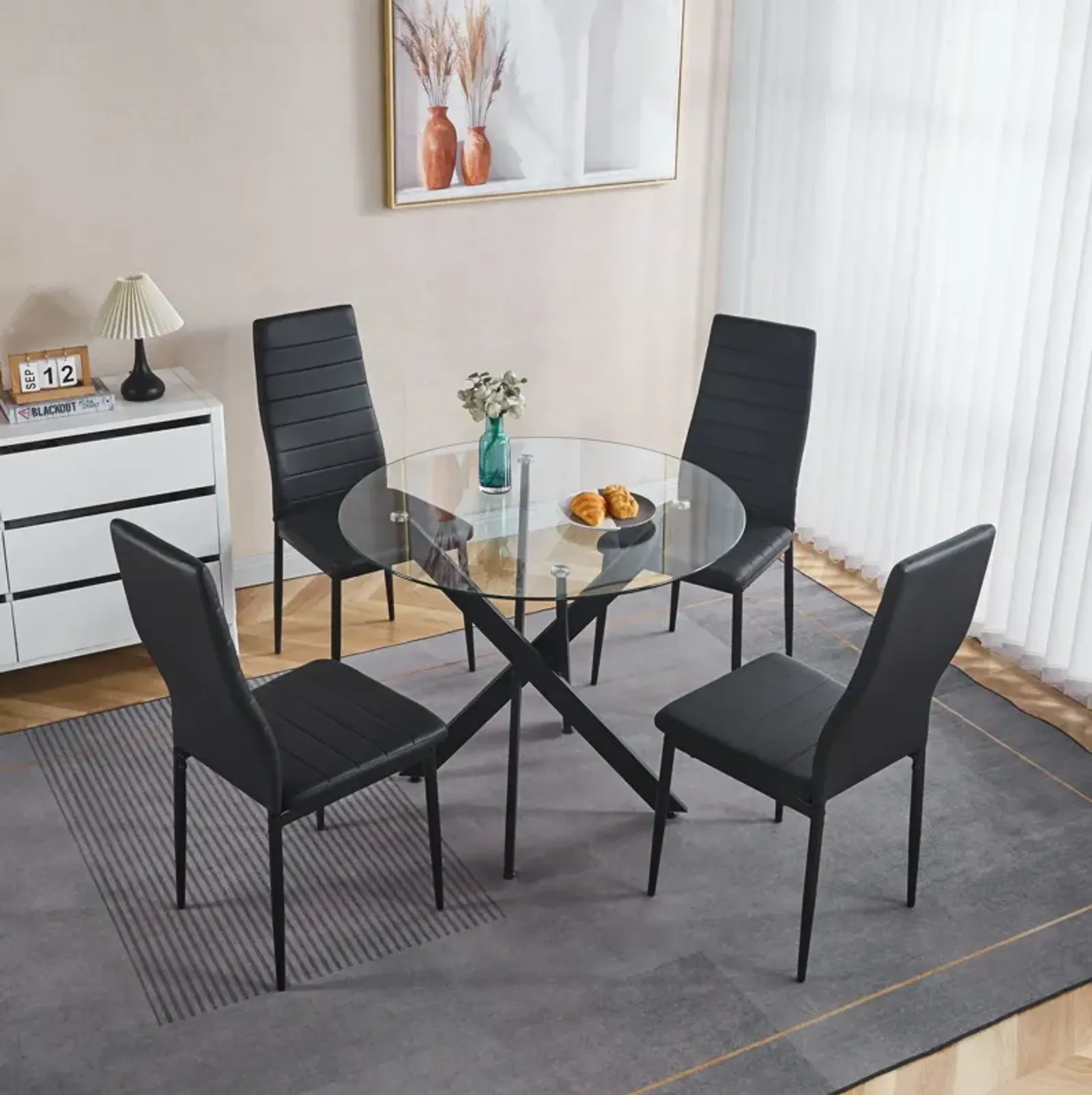 5 Pieces Dining Set, Table Metal Leg Mid-Century Dining Table For 4 - 6 People With Glass Table Top, Pedestal Dining Table