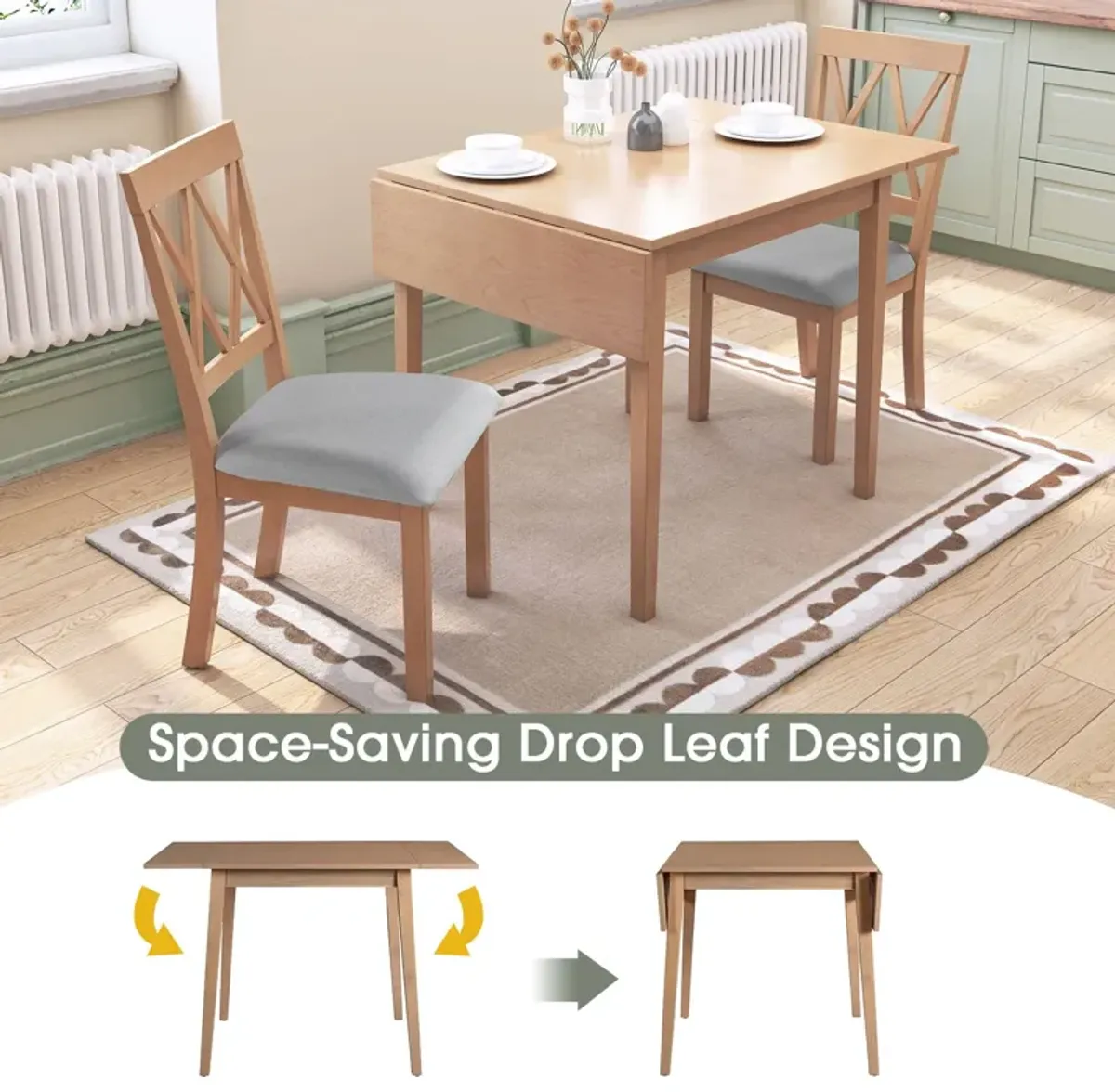 3 Piece Kitchen Dining Set With Drop Leaf Dining Table And 2 Dining Upholstered Chairs, Dining Room Set For Small Places