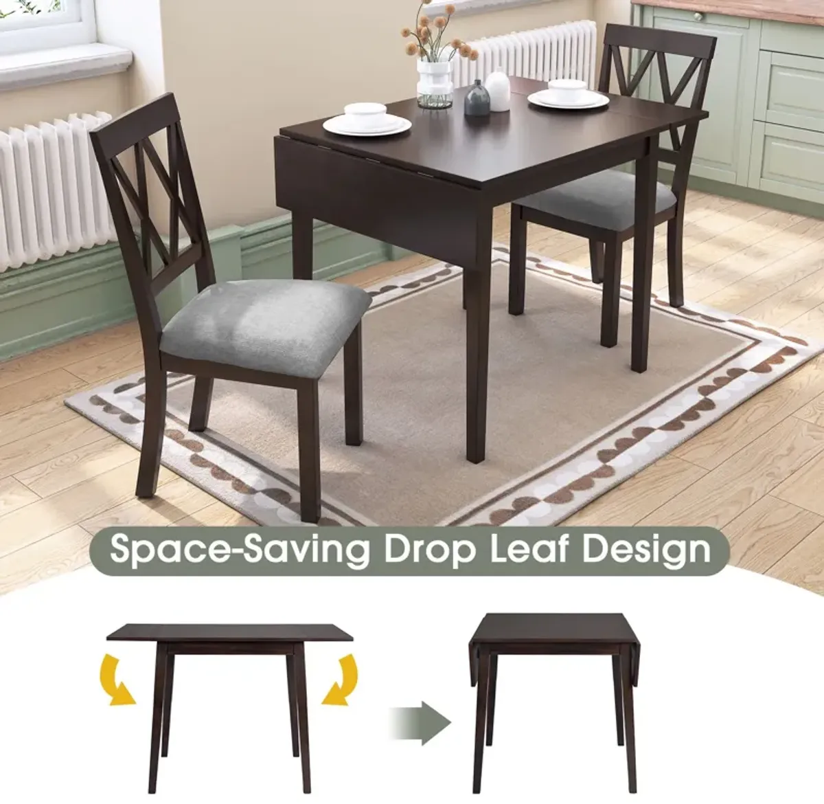 3 Piece Kitchen Dining Set With Drop Leaf Dining Table And 2 Dining Upholstered Chairs, Dining Room Set For Small Places