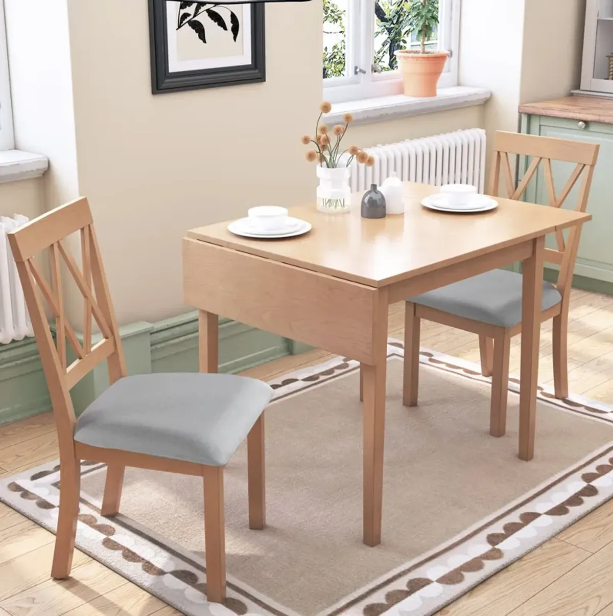 3 Piece Kitchen Dining Set With Drop Leaf Dining Table And 2 Dining Upholstered Chairs, Dining Room Set For Small Places