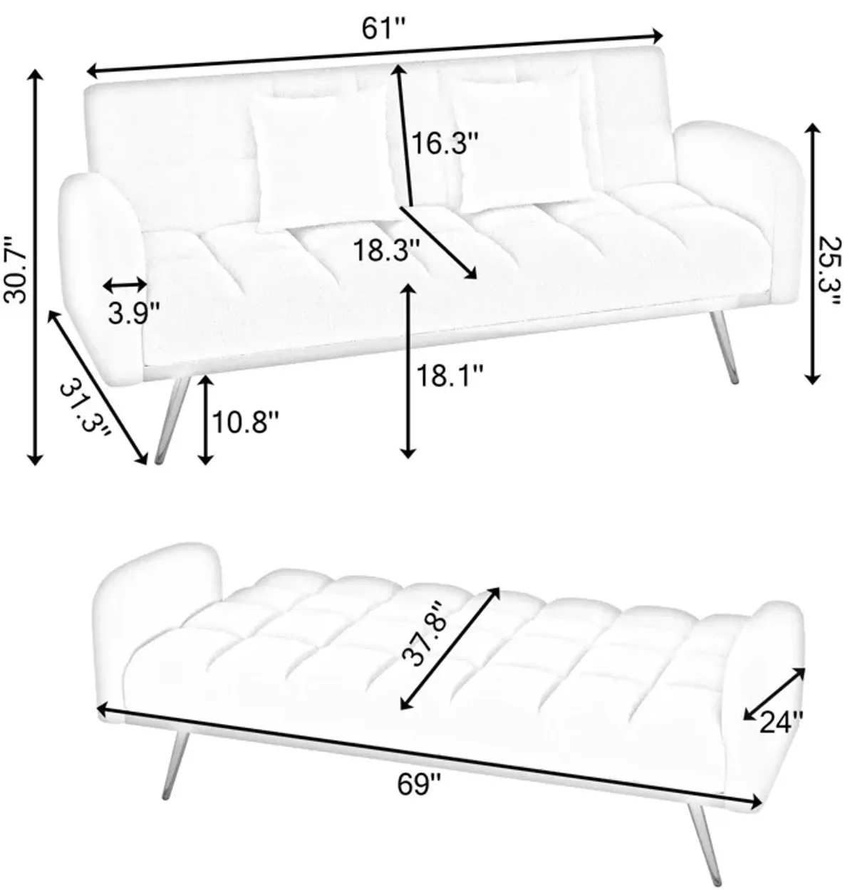 Sofa Bed With Adjustable Sofa Teddy Fleece 2 Throw Pillows