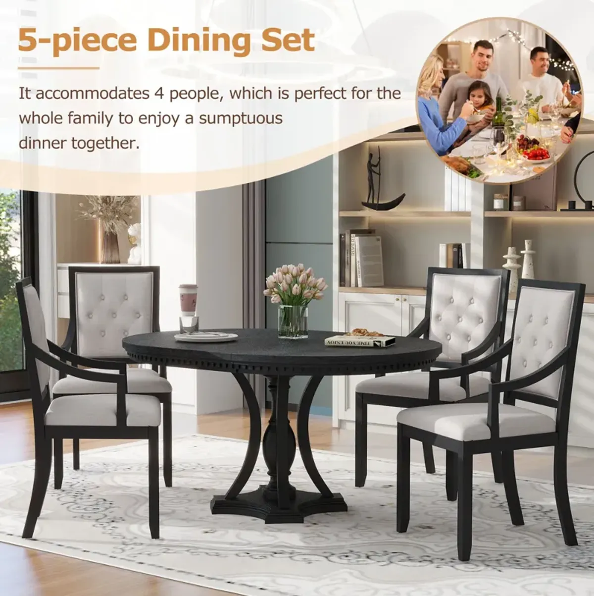 Dining Set Retro Extendable Round Table And Chairs For Kitchen Dining Room