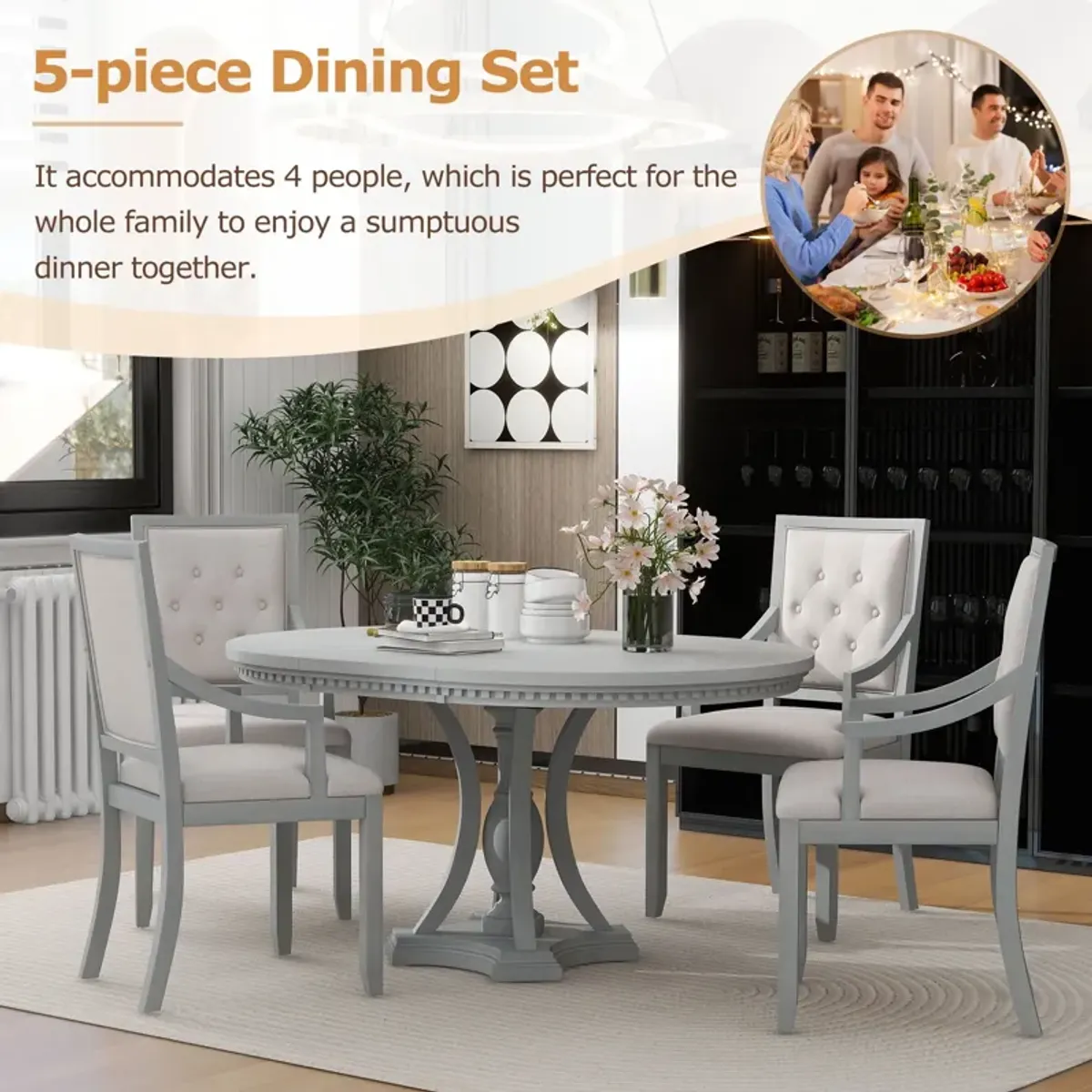 Dining Set Retro Extendable Round Table And Chairs For Kitchen Dining Room