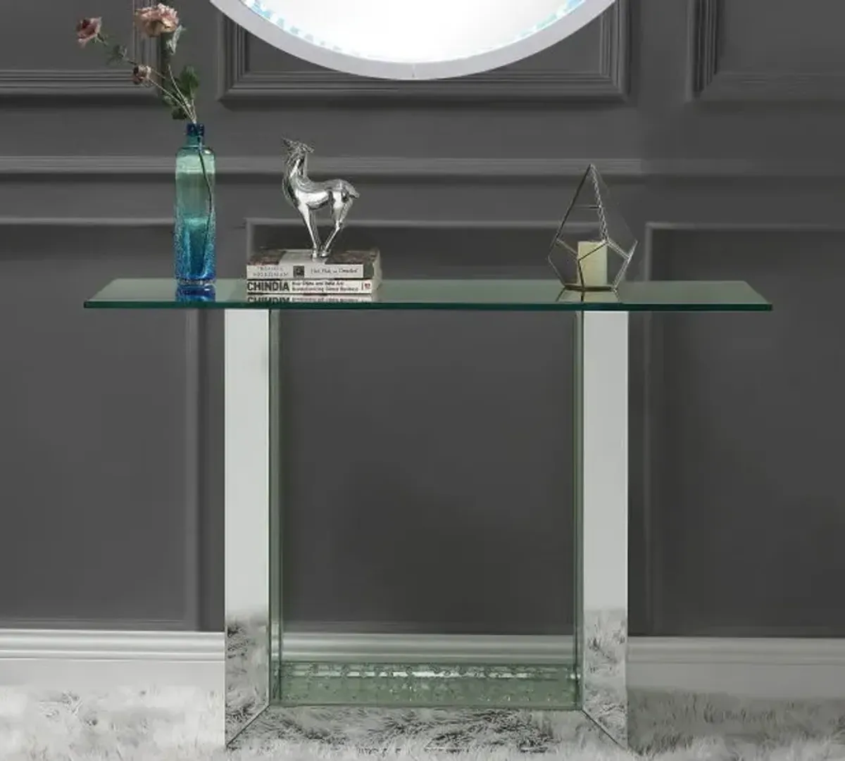 Nysa - Glam Mirrored / Faux Crystal Console Table - Silver / Clear