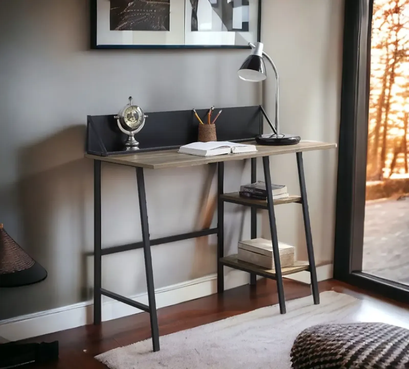 Garima - Legs Writing Desk - Rustic Oak / Black