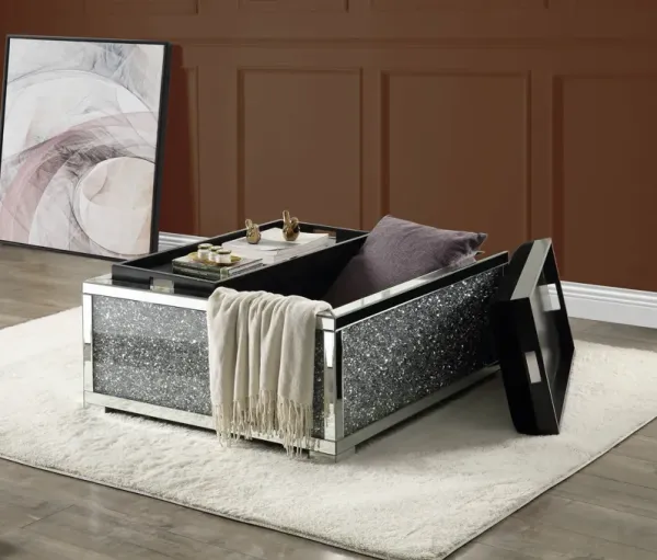 Noralie - Large Sized Mirrored And Faux Diamonds Ottoman With Storage - Silver