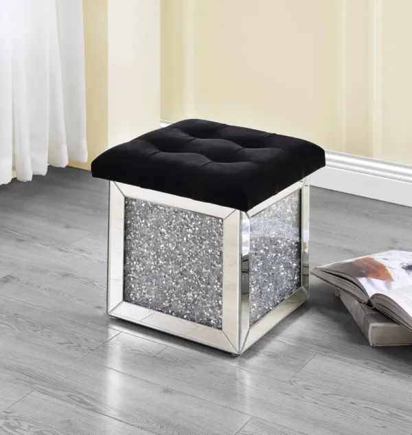 Noralie - Small Sized Mirrored And Faux Diamonds Ottoman With Storage - Silver