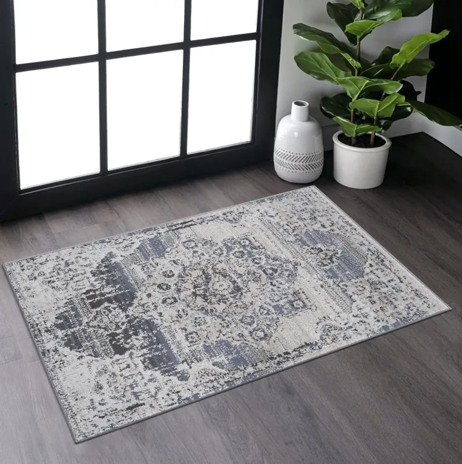 Payas - 2' x 3' Medallion Non-Shedding Stylish And Stain Resistant Area Rug - Cream / Blue