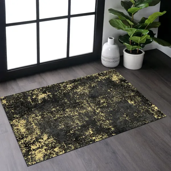 2' x 3' Machine Washable Area Rugs, Low-Pile, Non-Slip, Non-Shedding, Foldable, Kid & Pet Friendly - Black / Gold