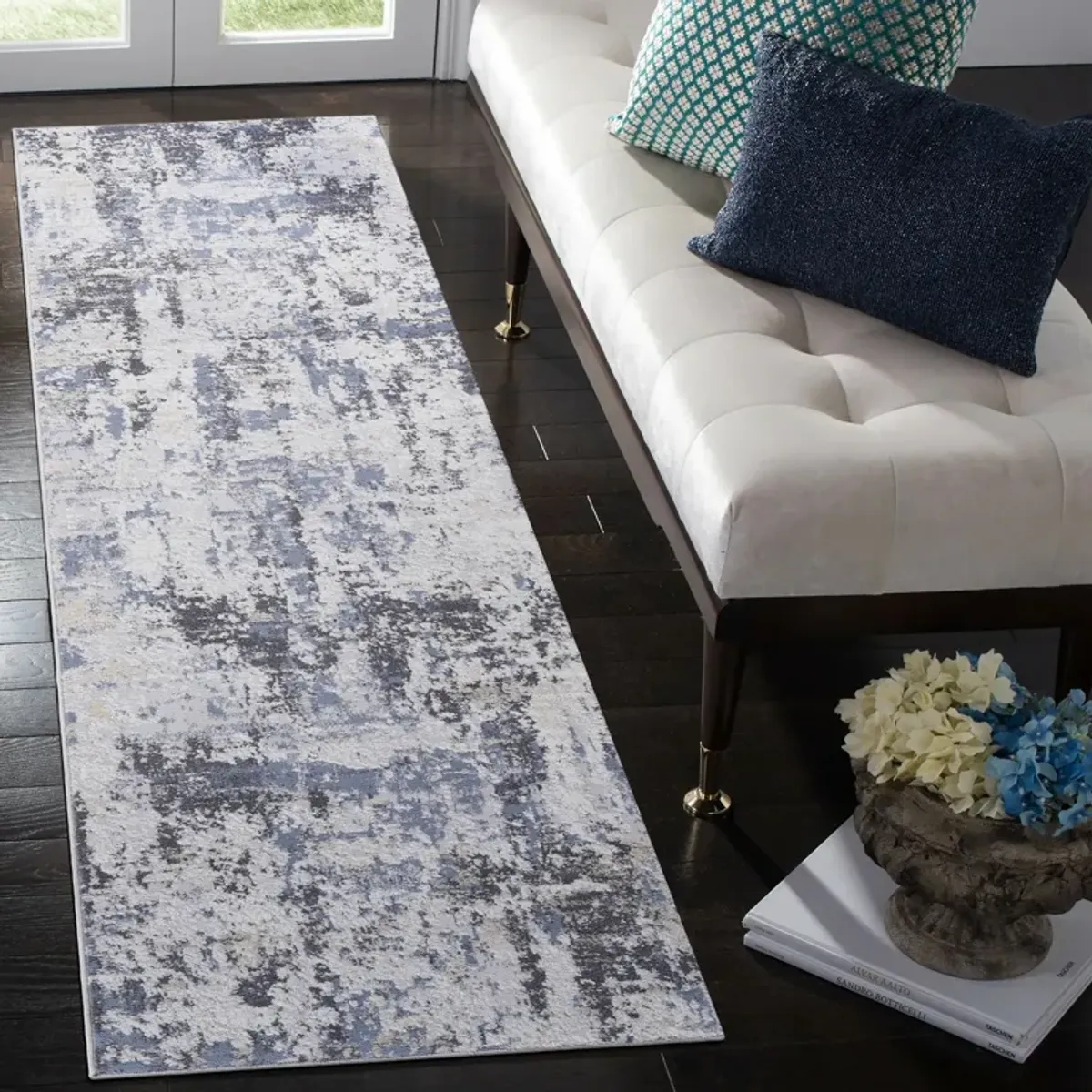 2' x 8' Abstract Non-Shedding Stylish And Stain Resistant Area Rug - Gray / Denim