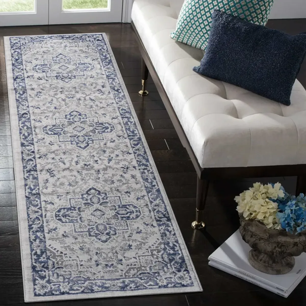 2' x 8' Oriental Non-Shedding Stylish And Stain Resistant Area Rug - Blue / Gray