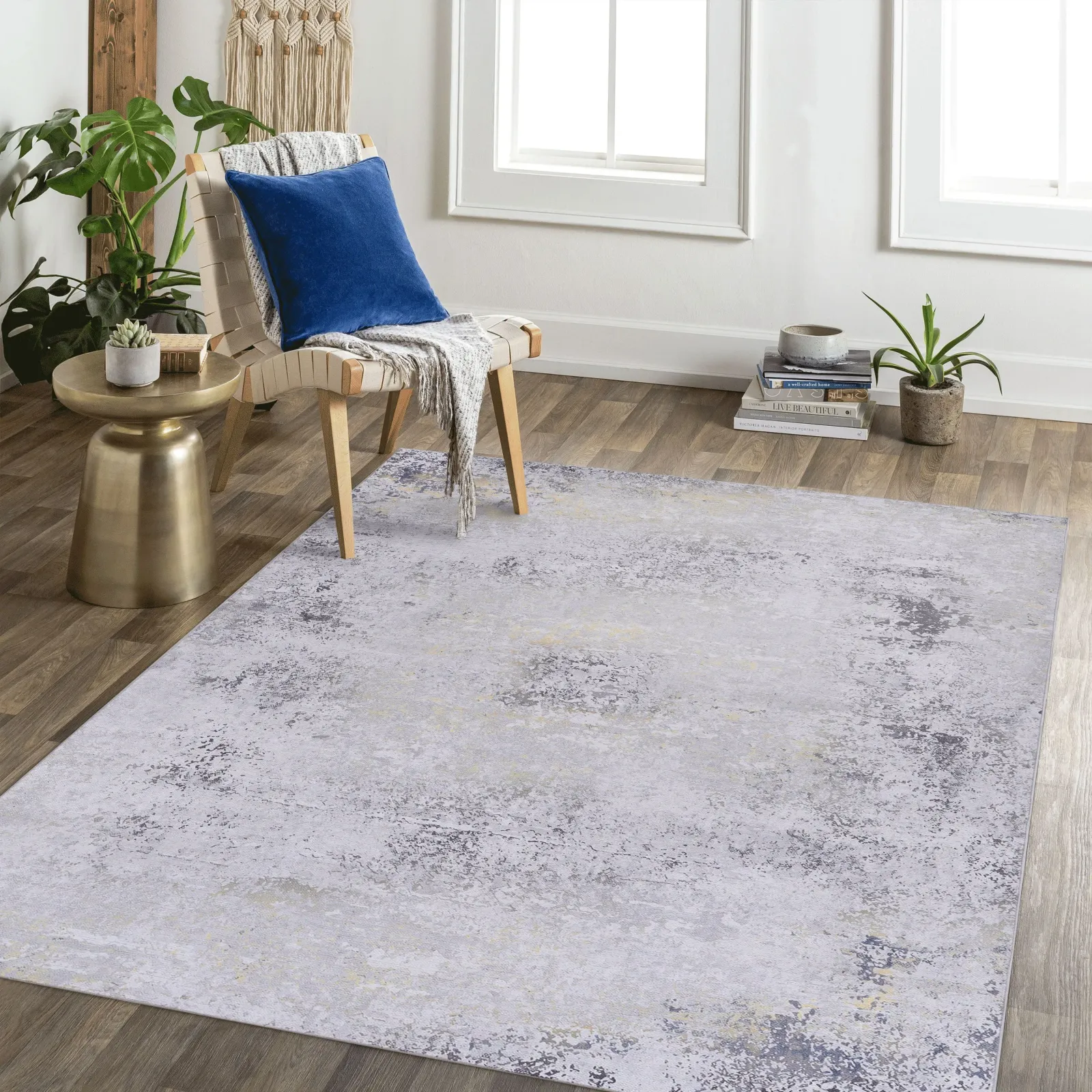 Area Rug, Washable Rug, Low-Pile, Non-Slip, Non-Shedding, Foldable, Kid & Pet Friendly Area Rugs For Living Room, Bedroom, Kitchen, Dining Room Rug, Perfect Gifts - Gray / Gold