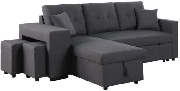 Dennis - Linen Fabric Reversible Sleeper Sectional With Storage Chaise And 2 Stools
