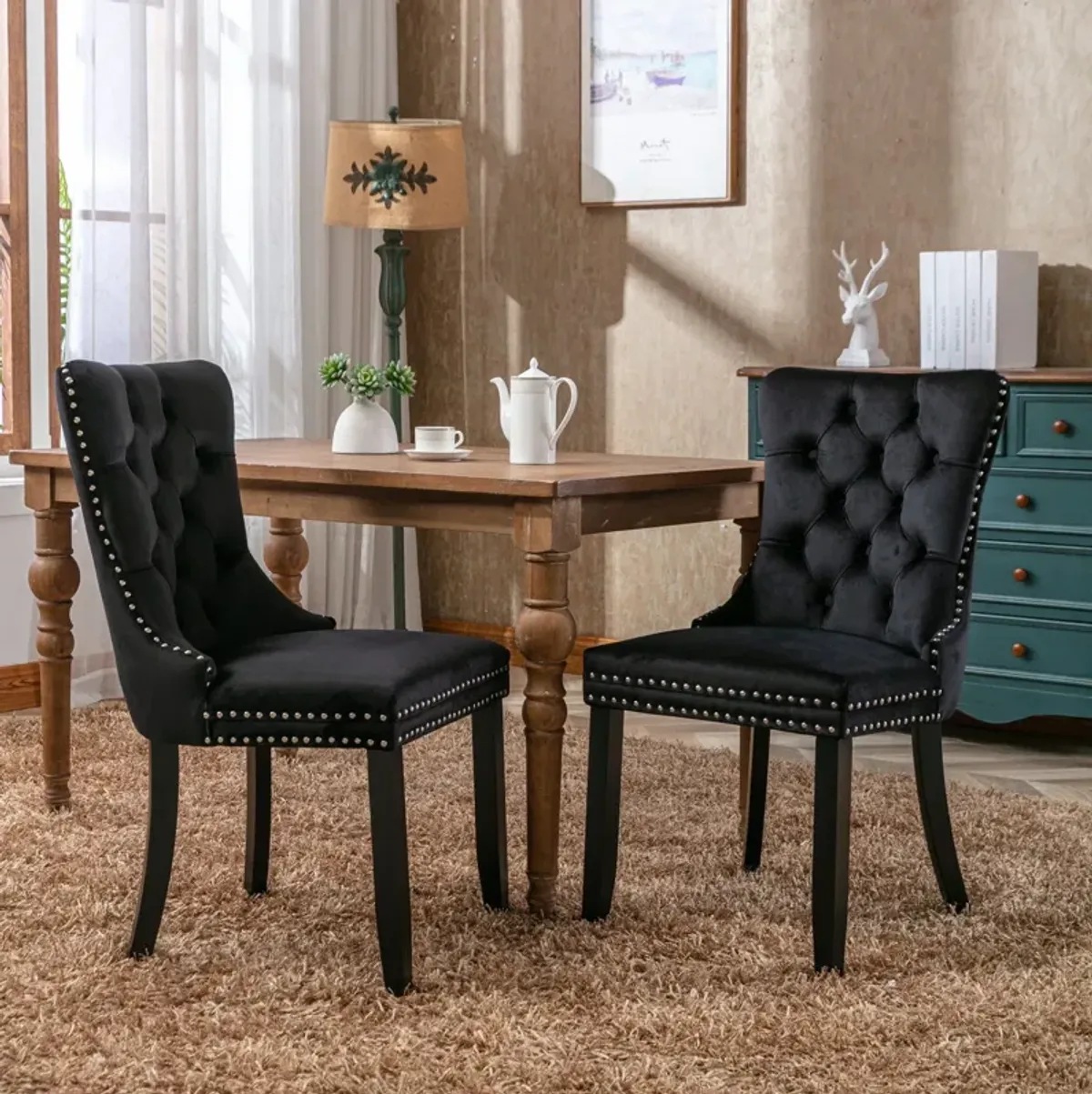 Nikki - Modern, High-End Tufted Solid Wood Contemporary Velvet Upholstered Dining Chair With Wood Legs Nailhead Trim (Set of 2)