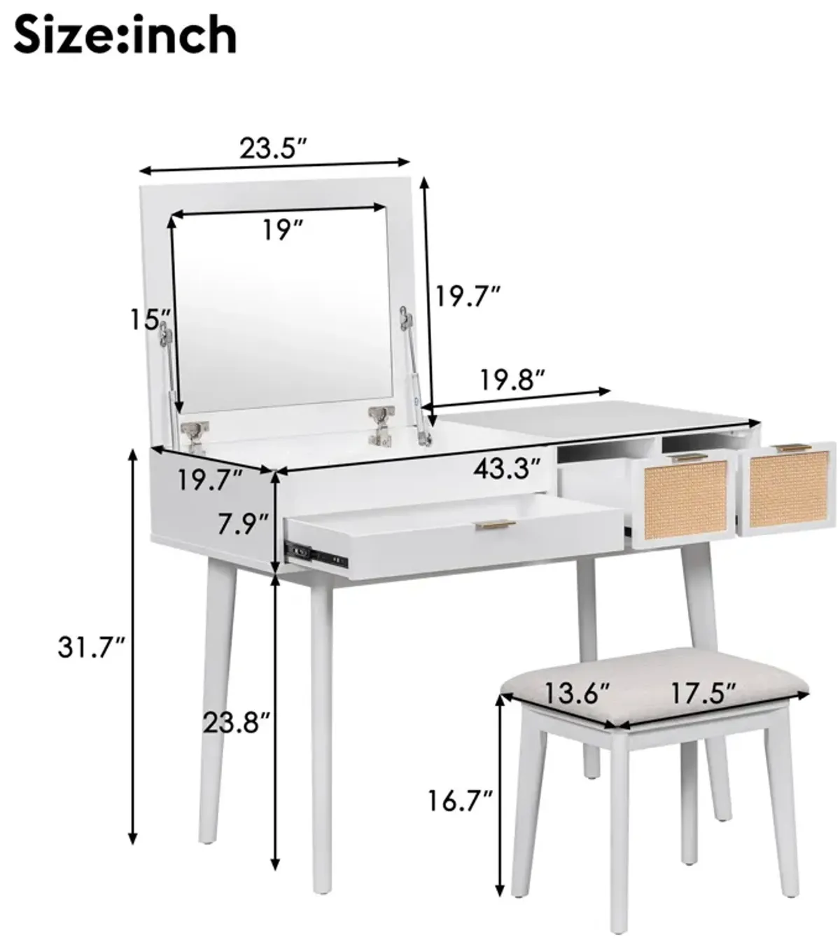 Classic Wood Makeup Vanity Set With Flip-Top Mirror And Stool, Dressing Table With Three Drawers And Storage Space