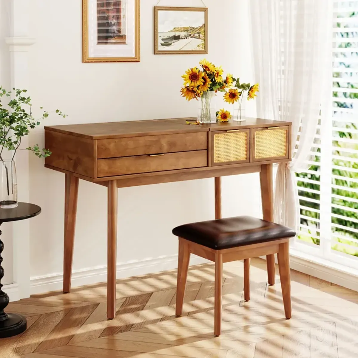 Classic Wood Makeup Vanity Set With Flip-Top Mirror And Stool, Dressing Table With Three Drawers And Storage Space