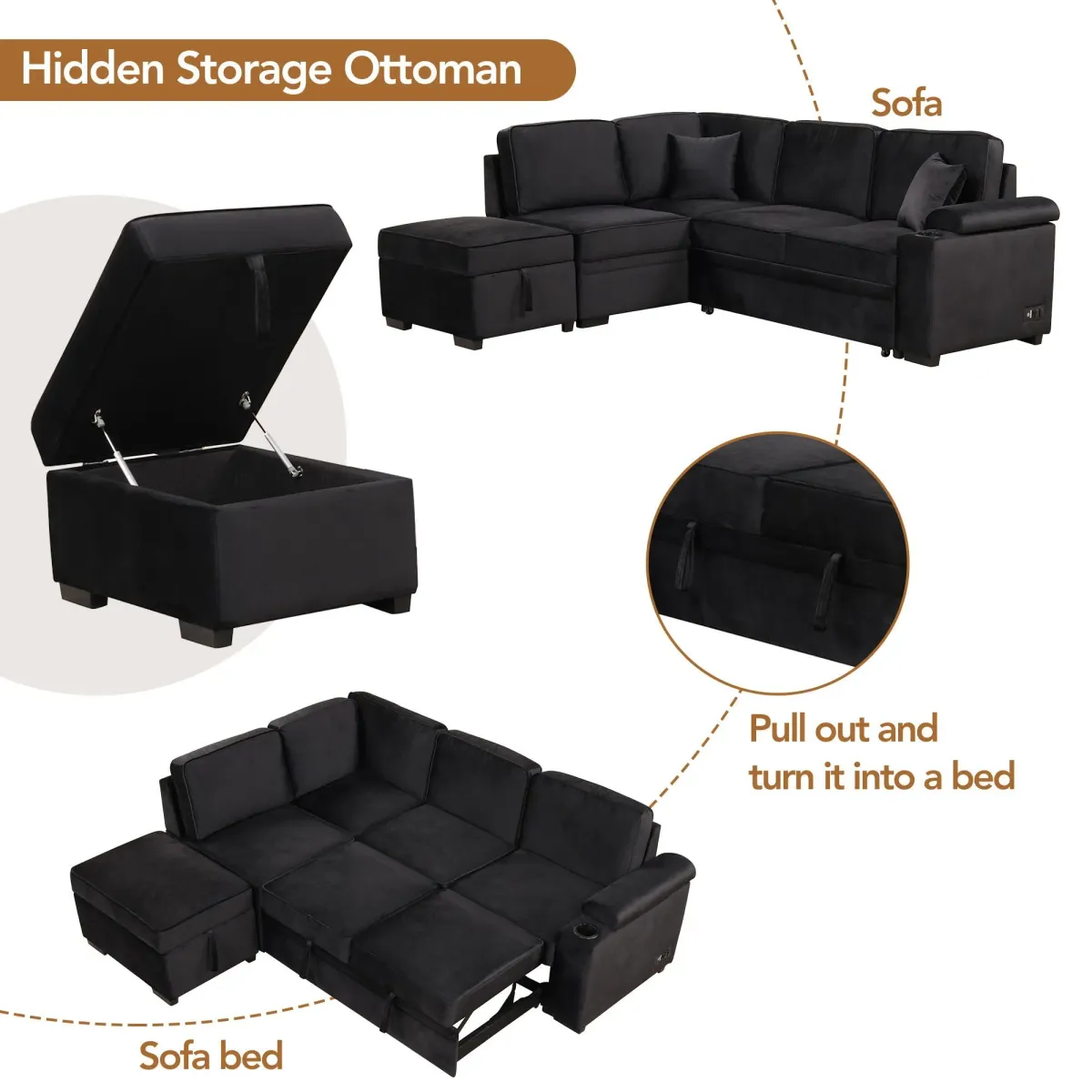 Sleeper Sofa Bed, 2 In 1 Pull Out Sofa Bed L Shape Couch With Storage Ottoman For Living Room, Bedroom Couch And Small Apartment