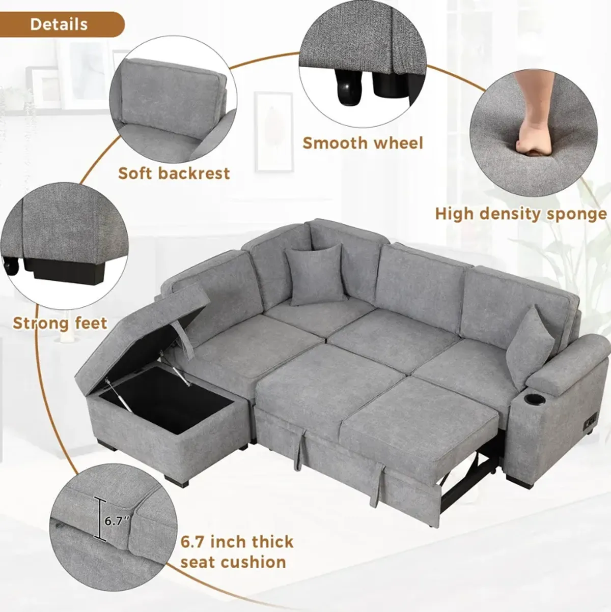 Sleeper Sofa Bed, 2 In 1 Pull Out Sofa Bed L Shape Couch With Storage Ottoman For Living Room, Bedroom Couch And Small Apartment