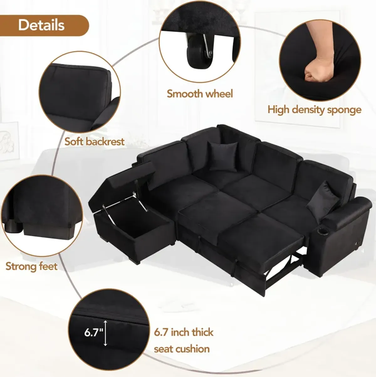 Sleeper Sofa Bed, 2 In 1 Pull Out Sofa Bed L Shape Couch With Storage Ottoman For Living Room, Bedroom Couch And Small Apartment