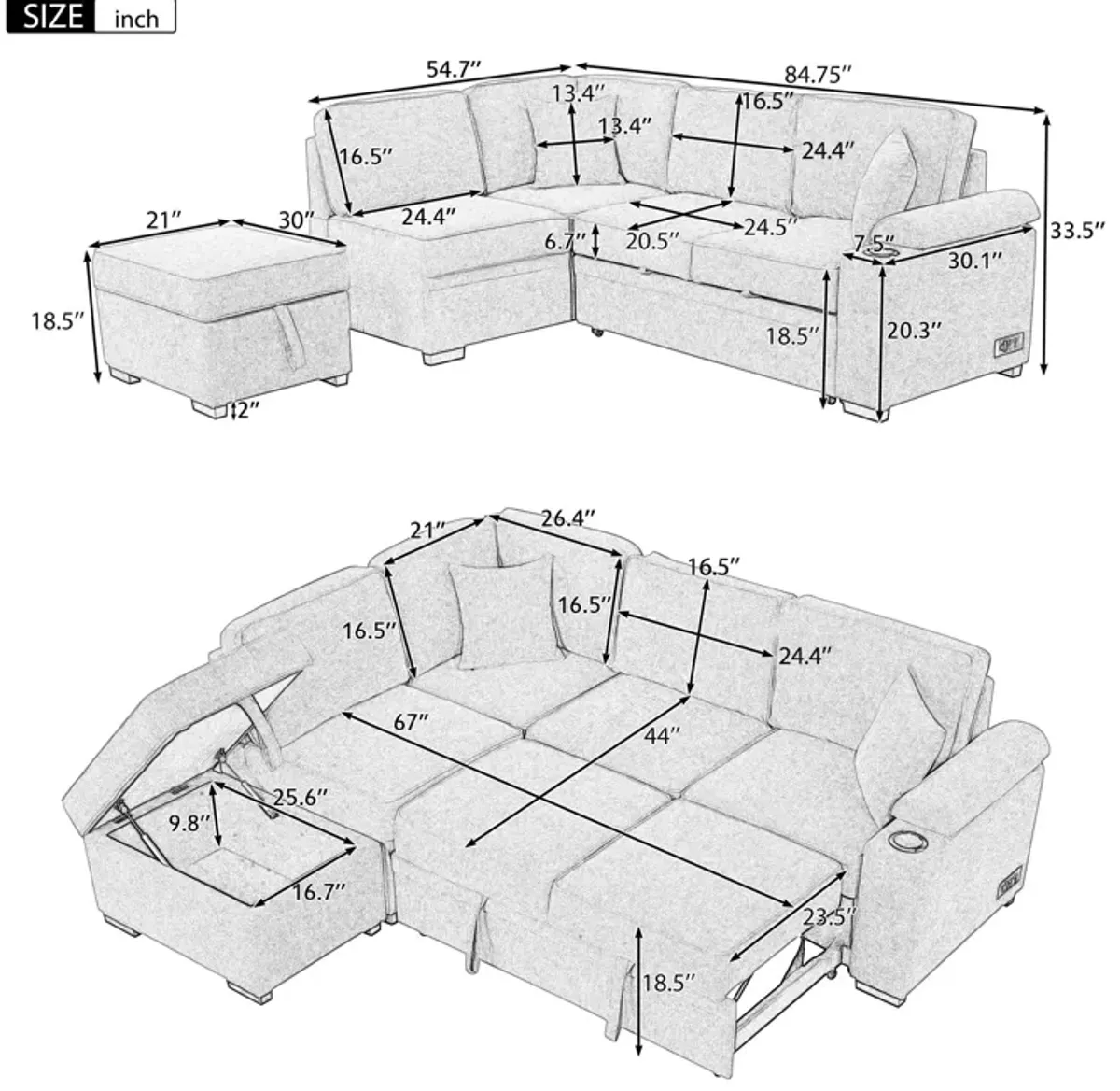 Sleeper Sofa Bed, 2 In 1 Pull Out Sofa Bed L Shape Couch With Storage Ottoman For Living Room, Bedroom Couch And Small Apartment