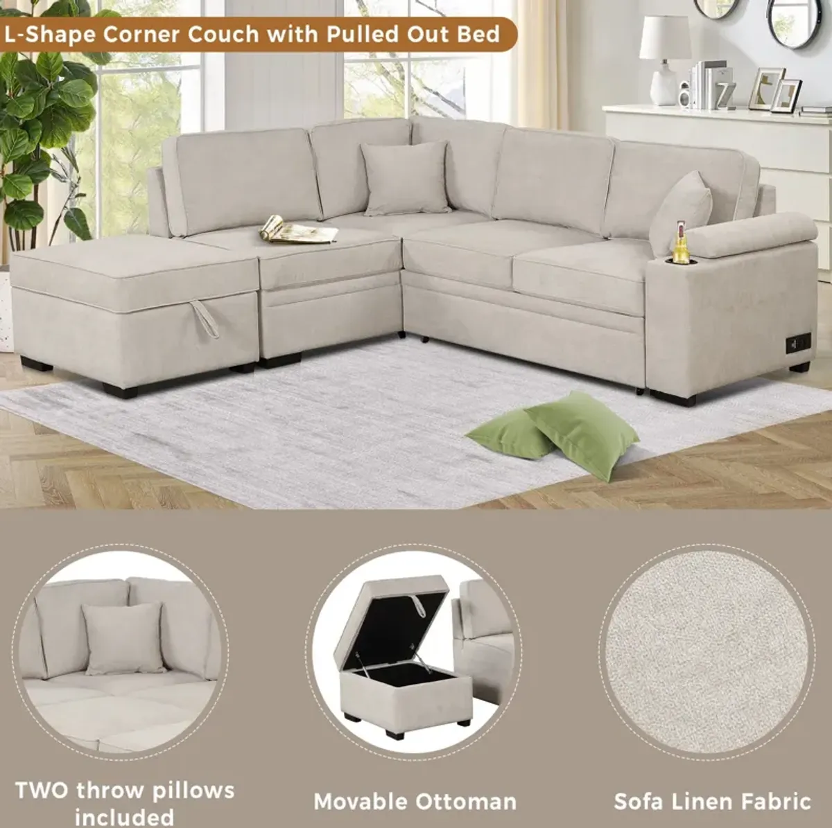 Sleeper Sofa Bed, 2 In 1 Pull Out Sofa Bed L Shape Couch With Storage Ottoman For Living Room, Bedroom Couch And Small Apartment