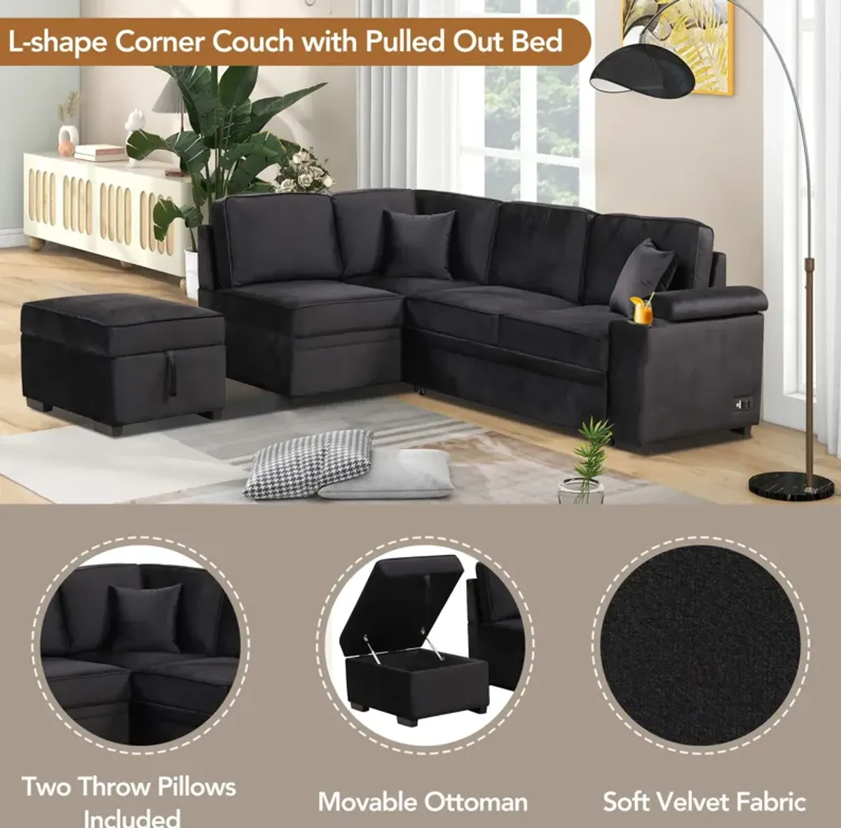 Sleeper Sofa Bed, 2 In 1 Pull Out Sofa Bed L Shape Couch With Storage Ottoman For Living Room, Bedroom Couch And Small Apartment