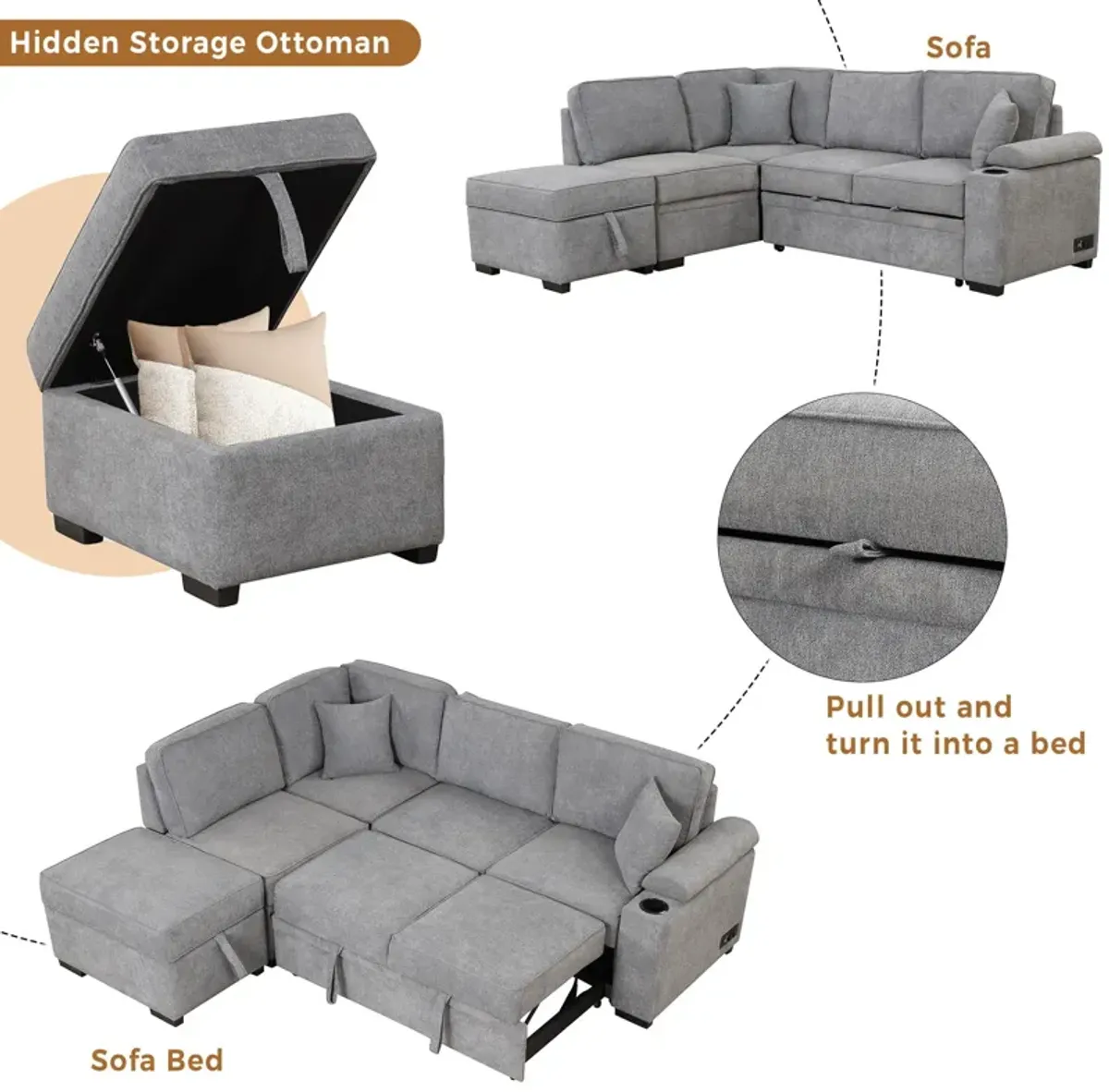 Sleeper Sofa Bed, 2 In 1 Pull Out Sofa Bed L Shape Couch With Storage Ottoman For Living Room, Bedroom Couch And Small Apartment