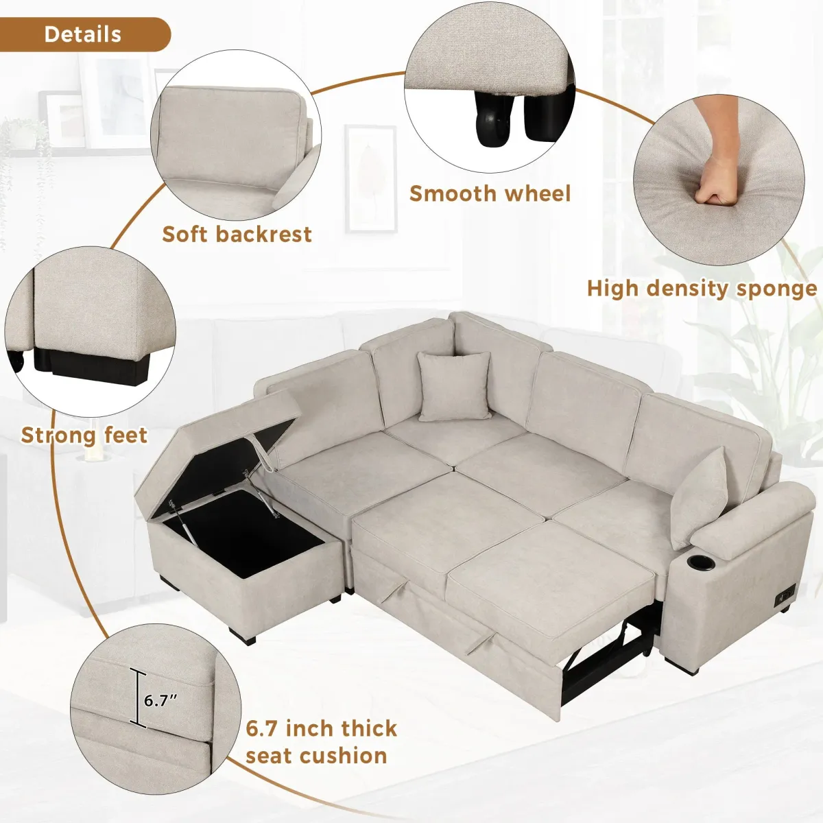 Sleeper Sofa Bed, 2 In 1 Pull Out Sofa Bed L Shape Couch With Storage Ottoman For Living Room, Bedroom Couch And Small Apartment