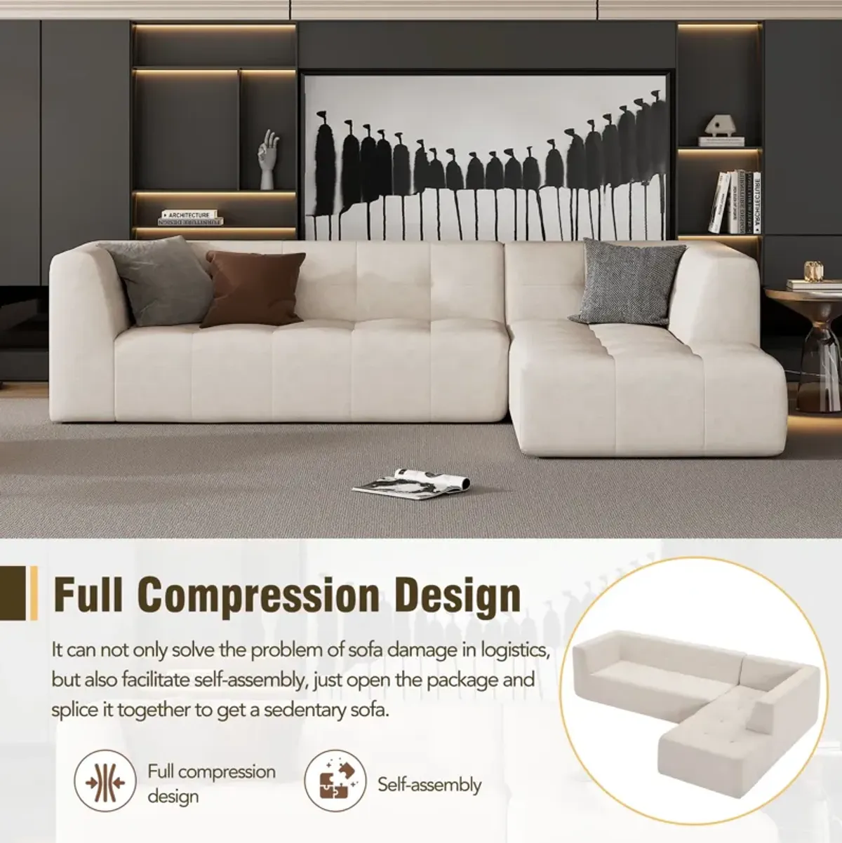 Modular Modular Combination Living Room Sofa Set, Modern Minimalist Sofa, Living Room Upholstered Sofa Bed, Bedroom, 2 Pieces Computer Free Combination, L-Shaped