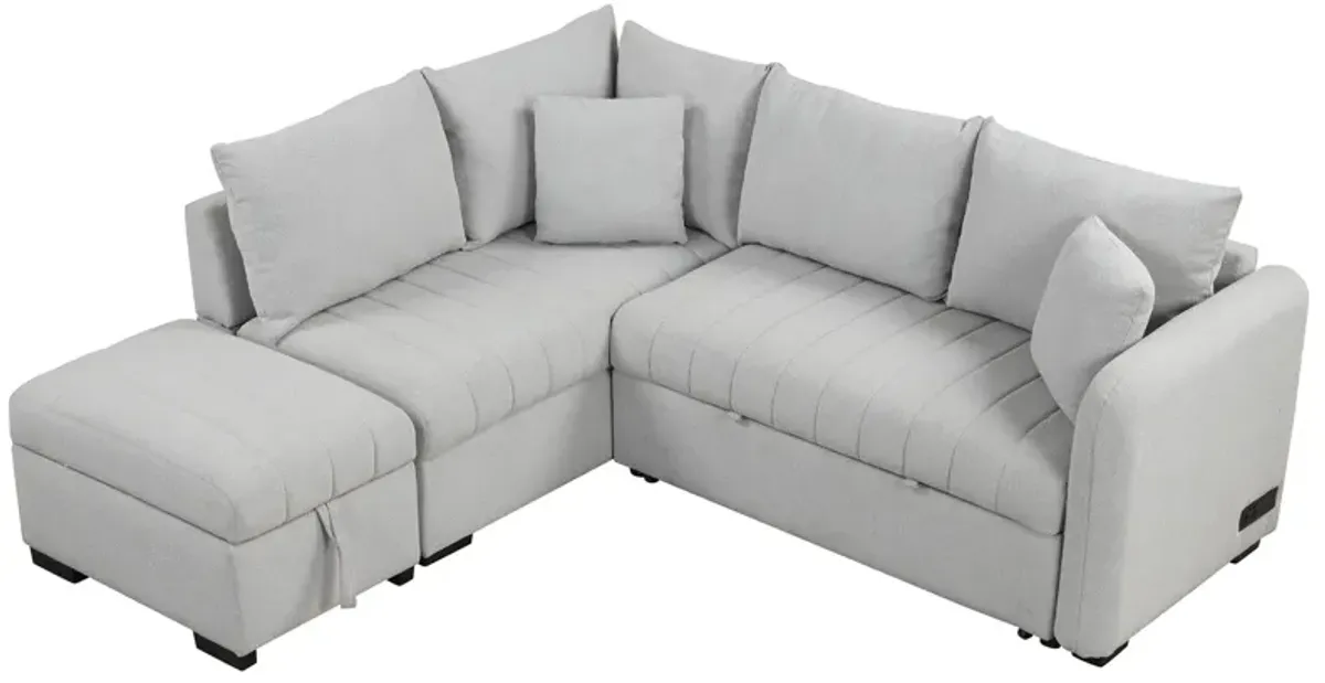 L-Shaped Sectional Pull Out Sofa Bed Sleeper Sofa With Two USB Ports, Two Power Sockets And A Movable Storage Ottoman