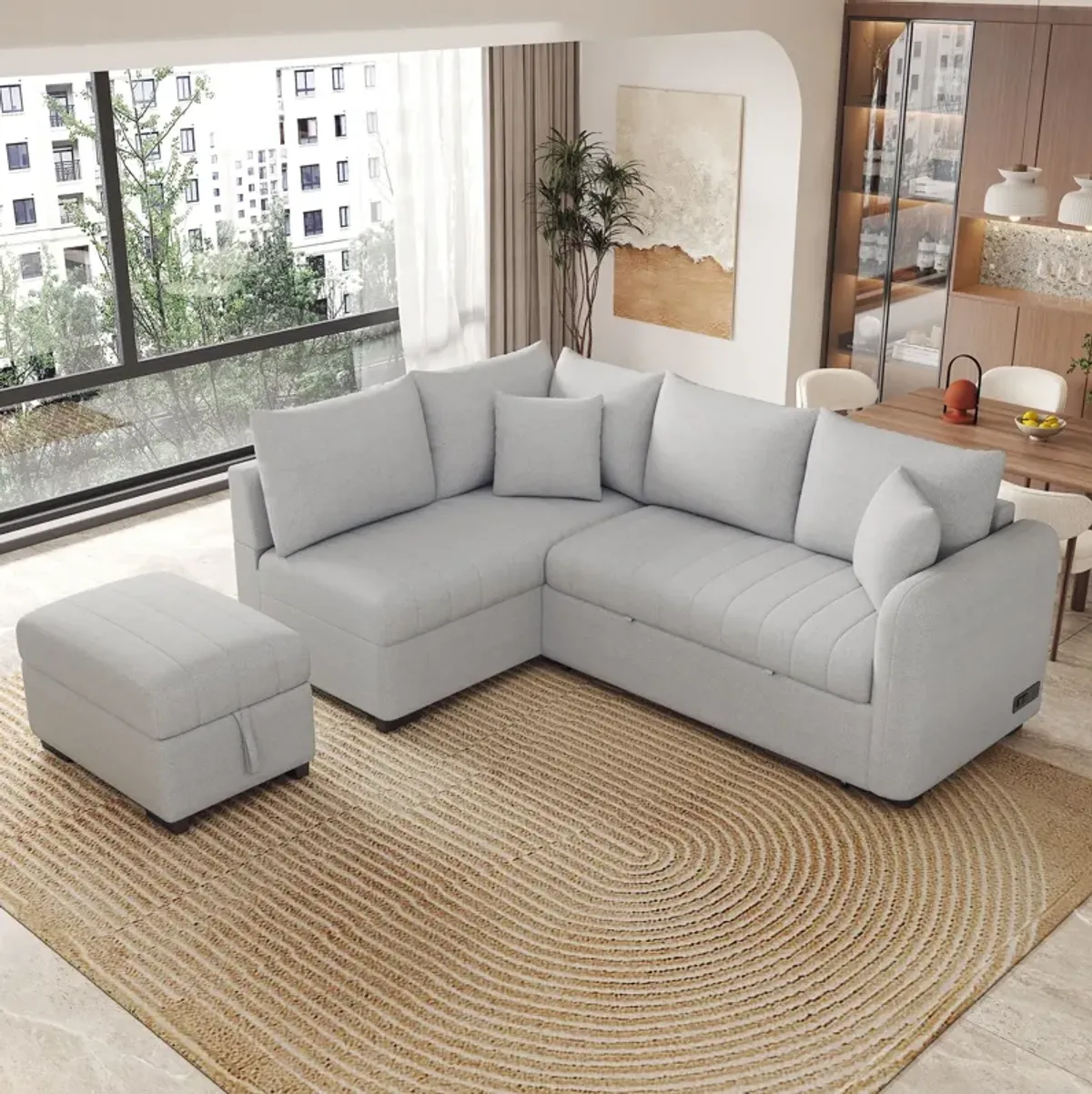 L-Shaped Sectional Pull Out Sofa Bed Sleeper Sofa With Two USB Ports, Two Power Sockets And A Movable Storage Ottoman