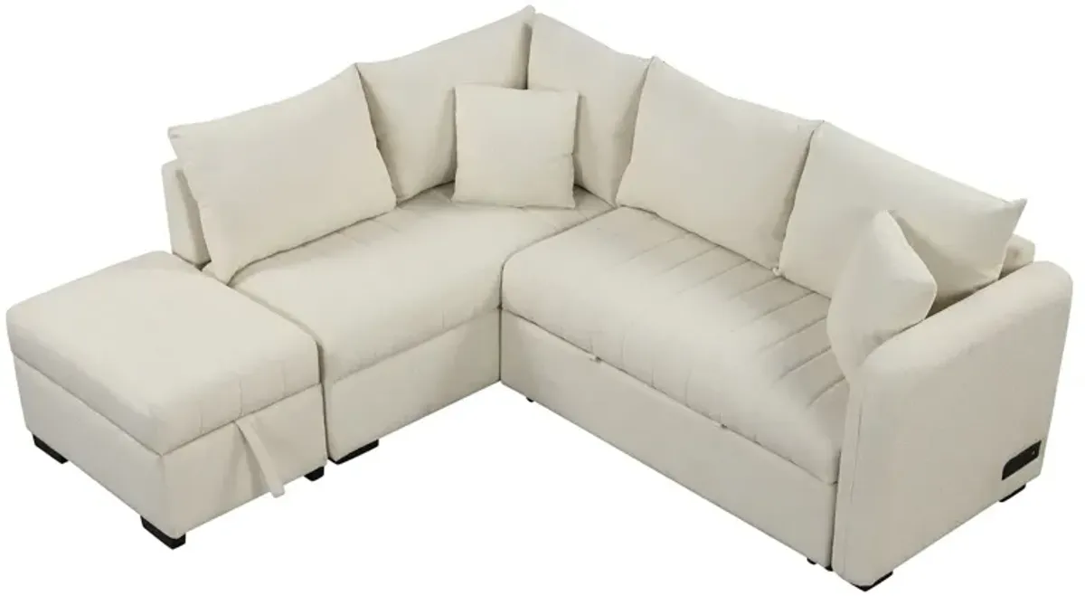 L-Shaped Sectional Pull Out Sofa Bed Sleeper Sofa With Two USB Ports, Two Power Sockets And A Movable Storage Ottoman