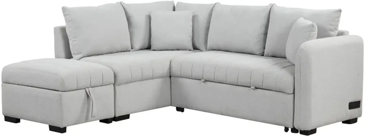 L-Shaped Sectional Pull Out Sofa Bed Sleeper Sofa With Two USB Ports, Two Power Sockets And A Movable Storage Ottoman