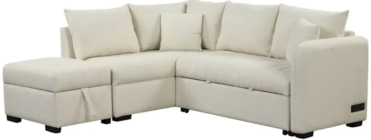 L-Shaped Sectional Pull Out Sofa Bed Sleeper Sofa With Two USB Ports, Two Power Sockets And A Movable Storage Ottoman