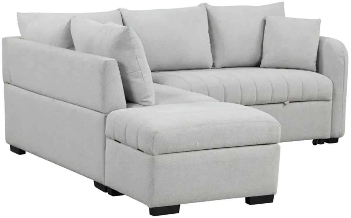 L-Shaped Sectional Pull Out Sofa Bed Sleeper Sofa With Two USB Ports, Two Power Sockets And A Movable Storage Ottoman