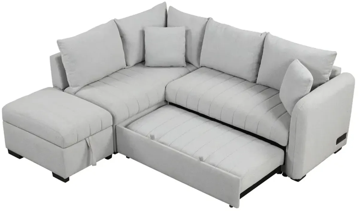 L-Shaped Sectional Pull Out Sofa Bed Sleeper Sofa With Two USB Ports, Two Power Sockets And A Movable Storage Ottoman