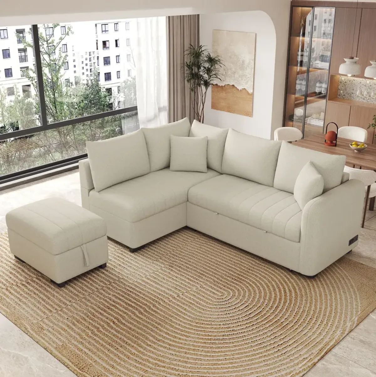 L-Shaped Sectional Pull Out Sofa Bed Sleeper Sofa With Two USB Ports, Two Power Sockets And A Movable Storage Ottoman